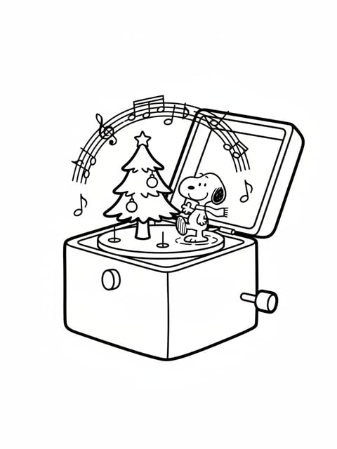 Charlie Brown Christmas music box Snoopy tree musical notes coloring page