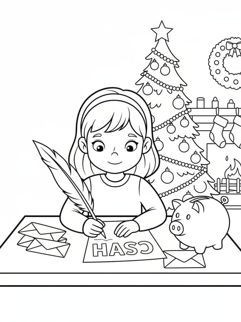 Sally writing letter to Santa cash piggy bank holiday coloring page