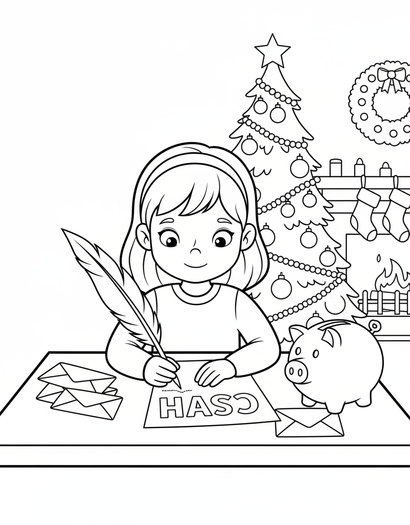 Sally writing letter to Santa cash piggy bank holiday coloring page