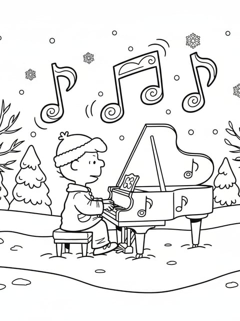 Schroeder playing piano outdoors winter music notes snow coloring page