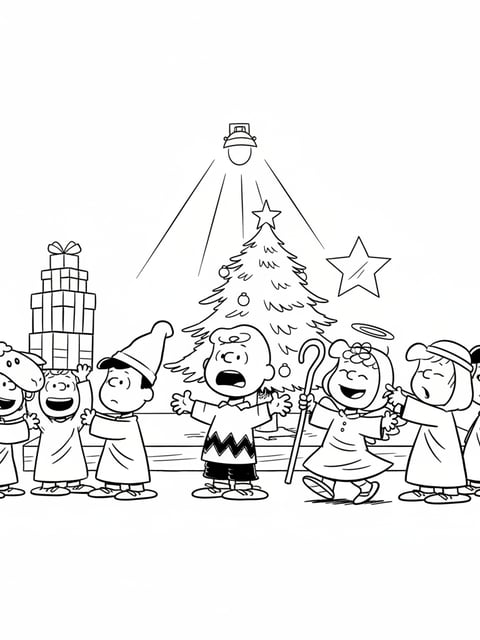 Charlie Brown Christmas play rehearsal kids in costumes coloring page