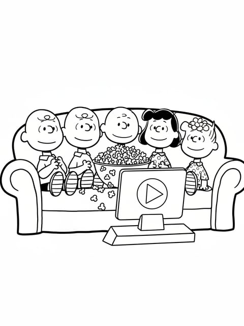 Peanuts gang watching Charlie Brown Christmas tablet TV popcorn coloring page