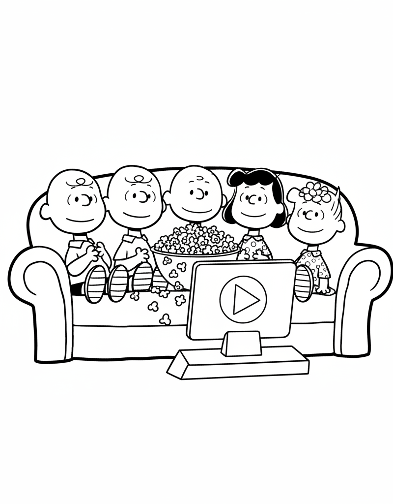 Peanuts gang watching Charlie Brown Christmas tablet TV popcorn coloring page