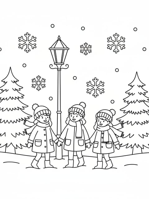 Christmas time is here kids walking streetlamp snowflakes winter scene coloring page
