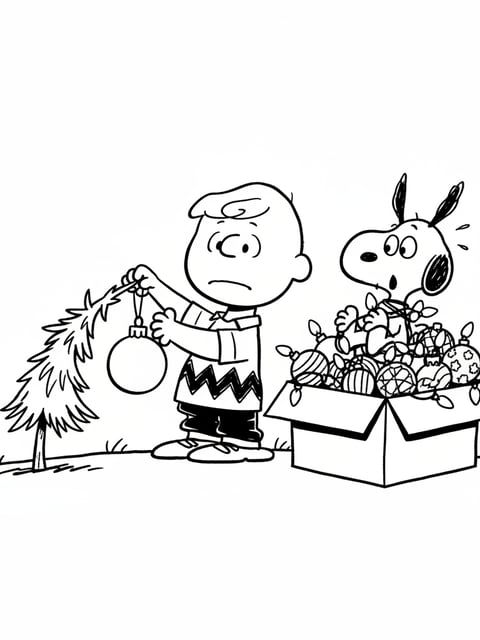 Charlie Brown tree drooping from ornament Snoopy decorations coloring page