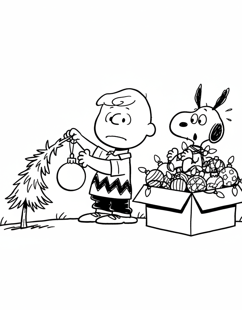 Charlie Brown tree drooping from ornament Snoopy decorations coloring page