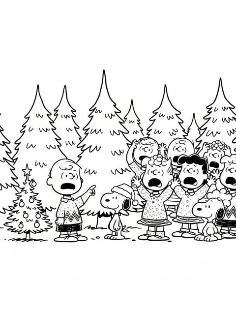 Charlie Brown choosing small Christmas tree lot Lucy reacting coloring page