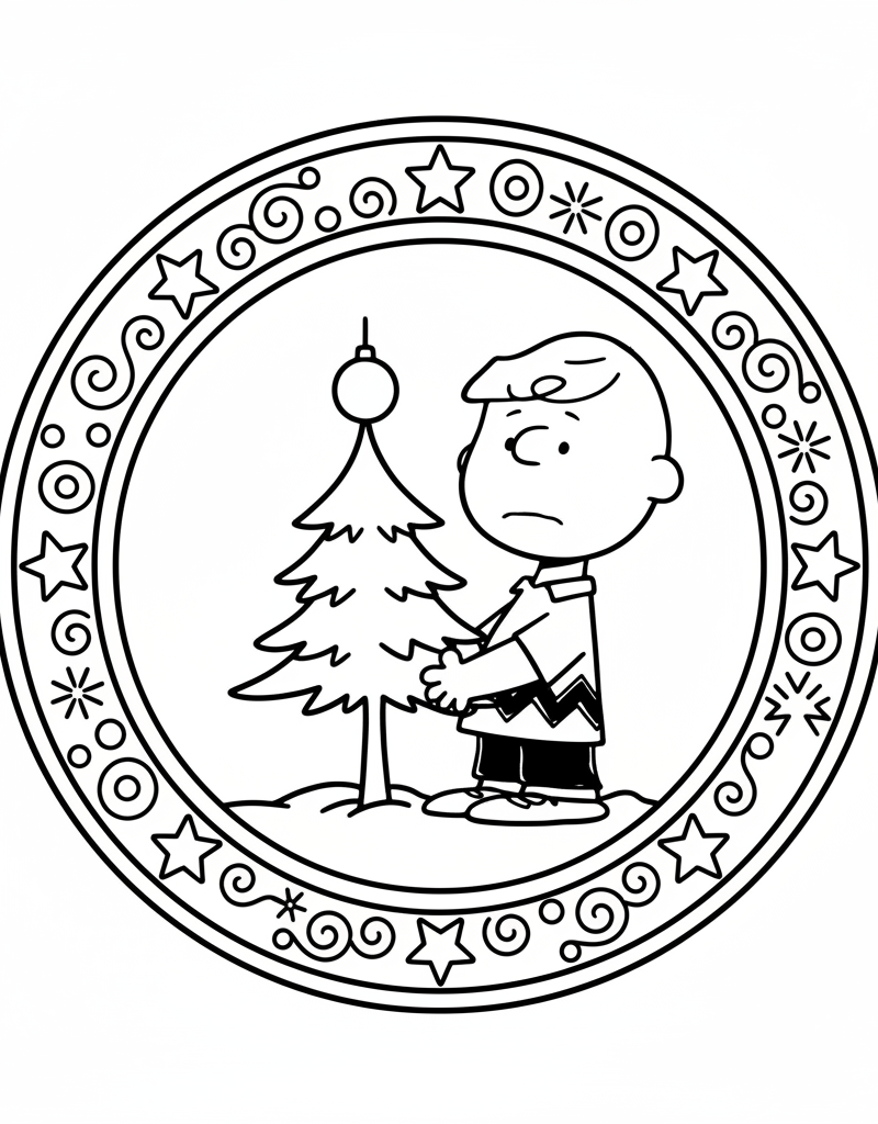 Charlie Brown Christmas tree ornament close-up decorative border coloring page