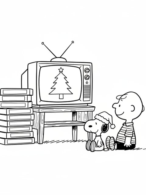 Charlie Brown Christmas VHS tapes TV tree silhouette Snoopy nostalgia coloring page