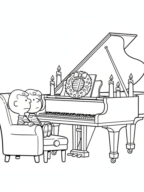 Vince Guaraldi jazz piano Christmas wreath Charlie Brown Linus coloring page