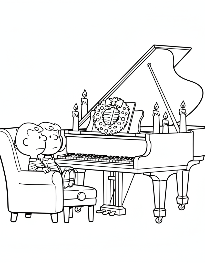 Vince Guaraldi jazz piano Christmas wreath Charlie Brown Linus coloring page