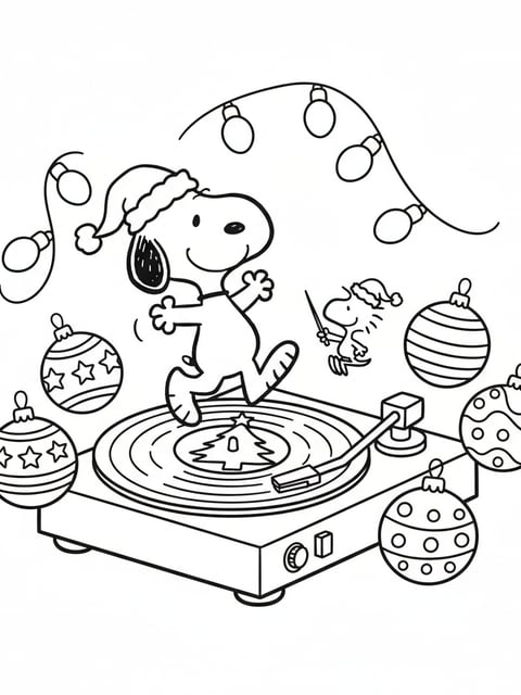 Snoopy Woodstock Christmas vinyl record turntable ornaments coloring page