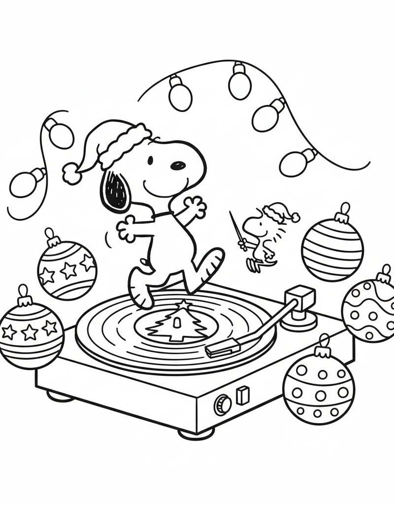 Snoopy Woodstock Christmas vinyl record turntable ornaments coloring page