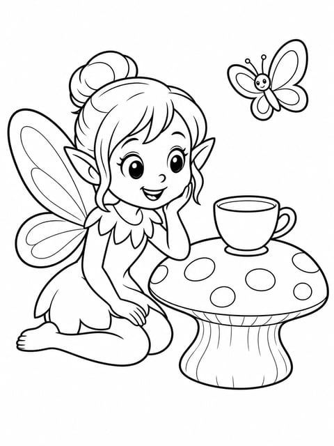 fairy garden tea party coloring page for kids