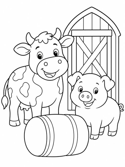 farm animals by the barn coloring page for kids