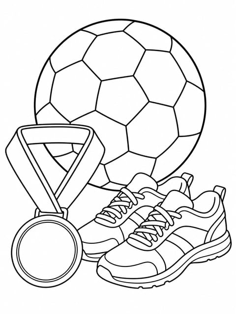 kids sports day coloring page with balls and medal