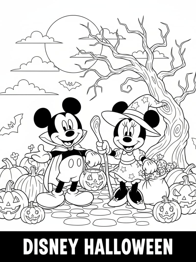 Mickey Mouse and Minnie Mouse trick-or-treating in Halloween costumes with pumpkins Disney coloring page