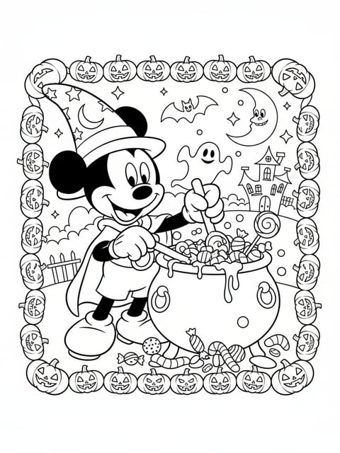 Dibujo para colorear sencillo de Halloween con Mickey Mouse y un caldero de dulces
