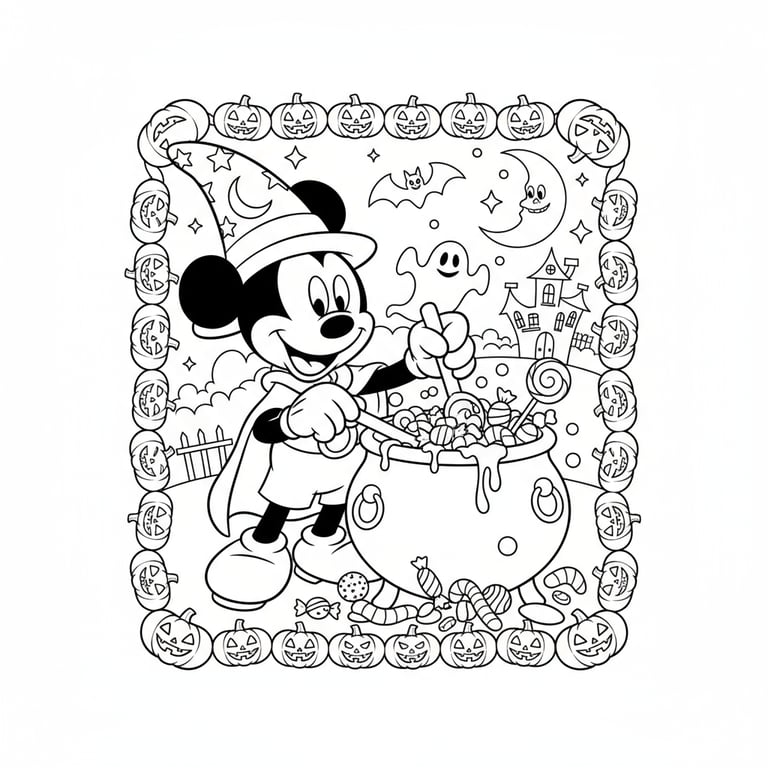 Simple Halloween coloring page featuring Mickey Mouse and candy cauldron
