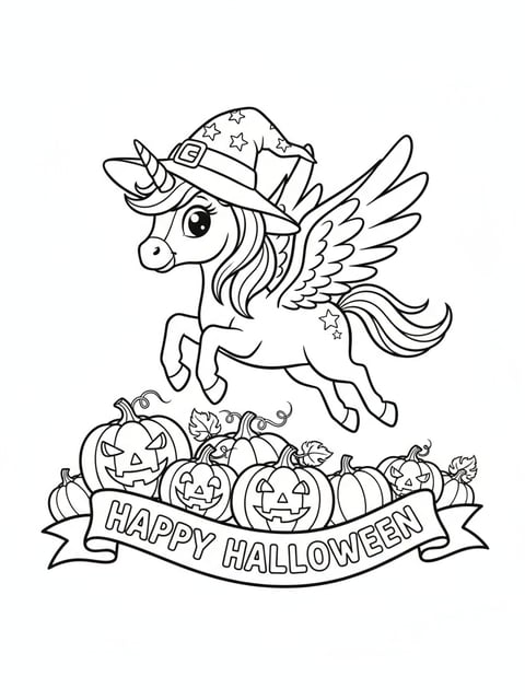 Dibujo para colorear de unicornio estilo Disney con sombrero de Halloween volando sobre calabazas
