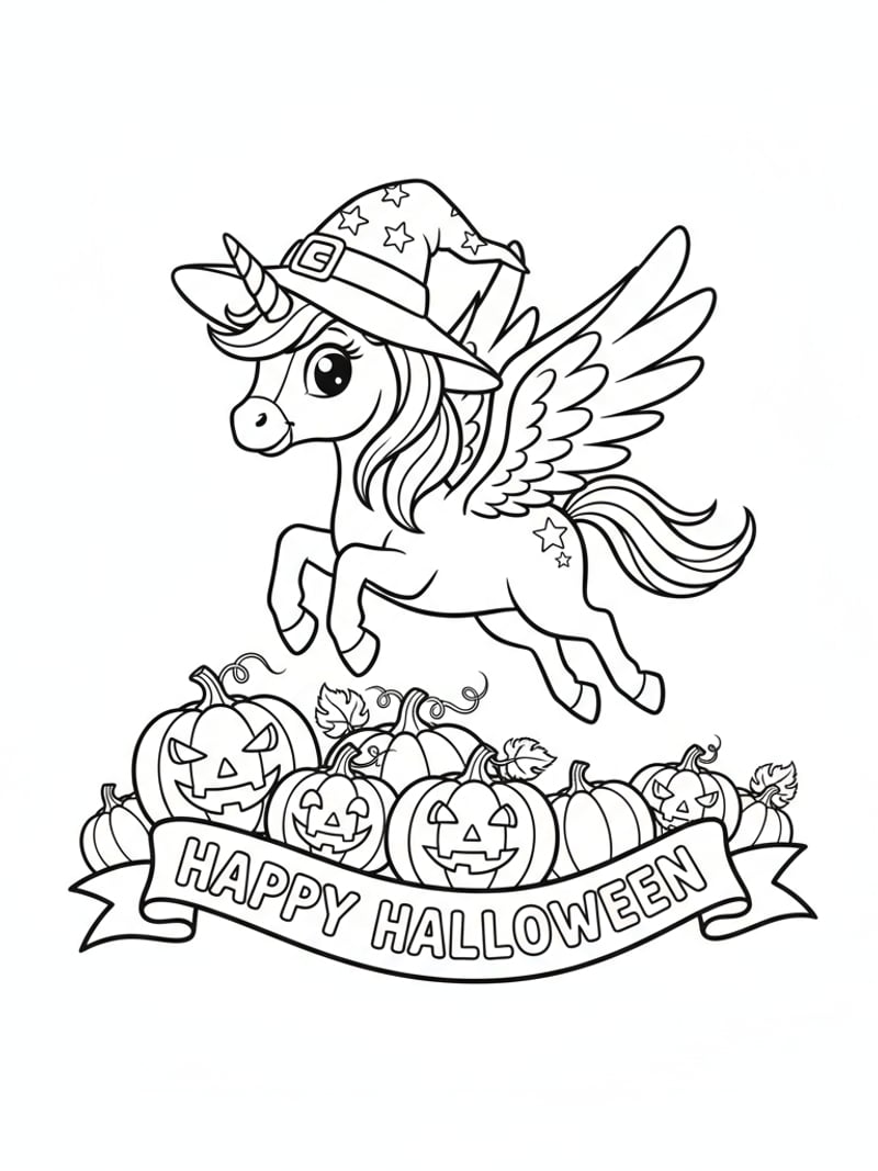 Disney-style unicorn wearing Halloween hat flying over pumpkins coloring page