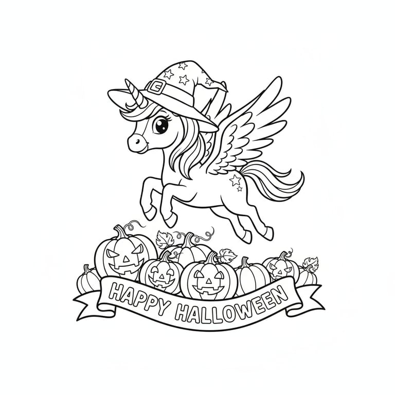 Disney-style unicorn wearing Halloween hat flying over pumpkins coloring page