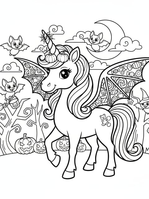 Dibujo para colorear de unicornio de Halloween con alas de caramelo y amigos murciélagos