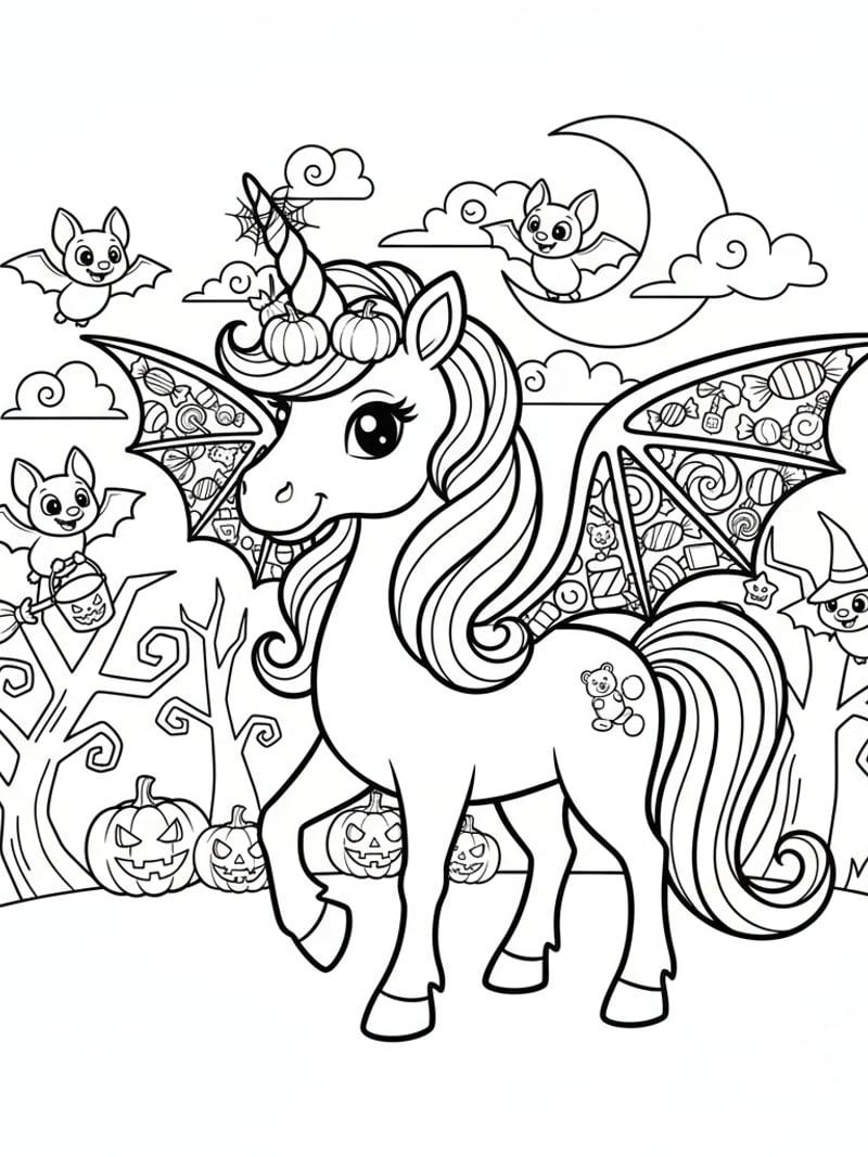 Halloween unicorn with candy wings and bat friends Disney-inspired line art coloring page