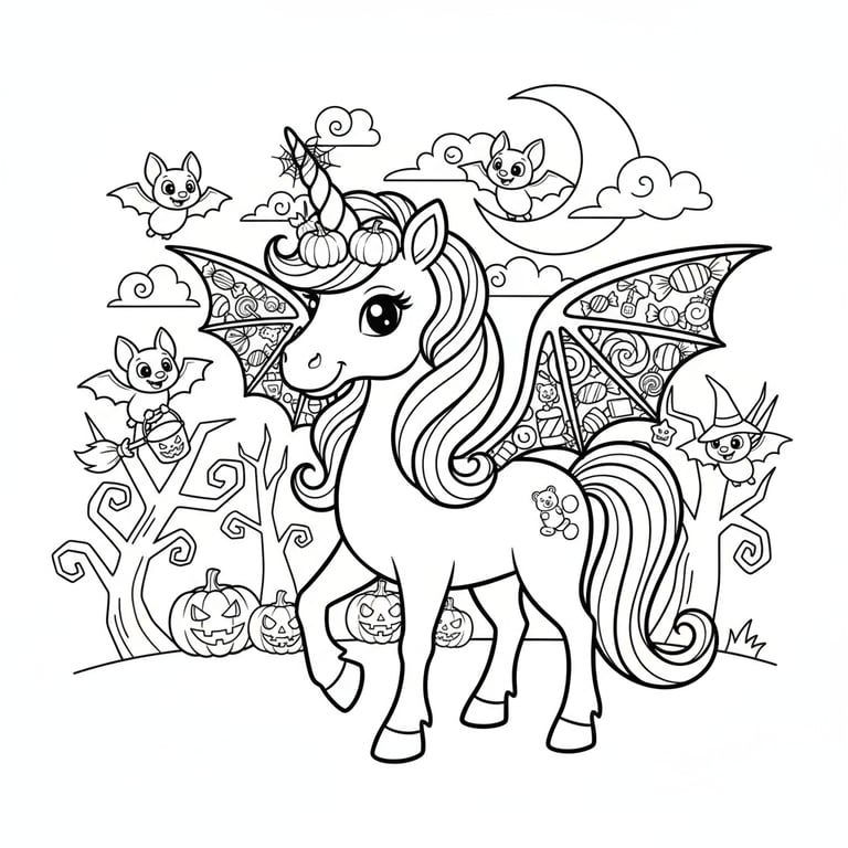 Halloween unicorn with candy wings and bat friends Disney-inspired line art coloring page