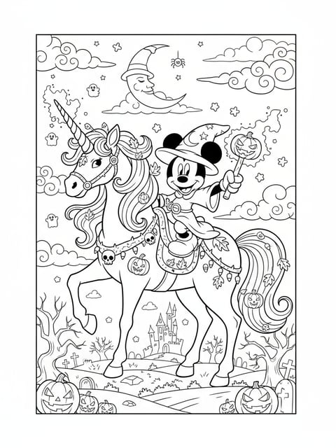 Dibujo para colorear de Mickey Mouse montando un unicornio mágico de Halloween