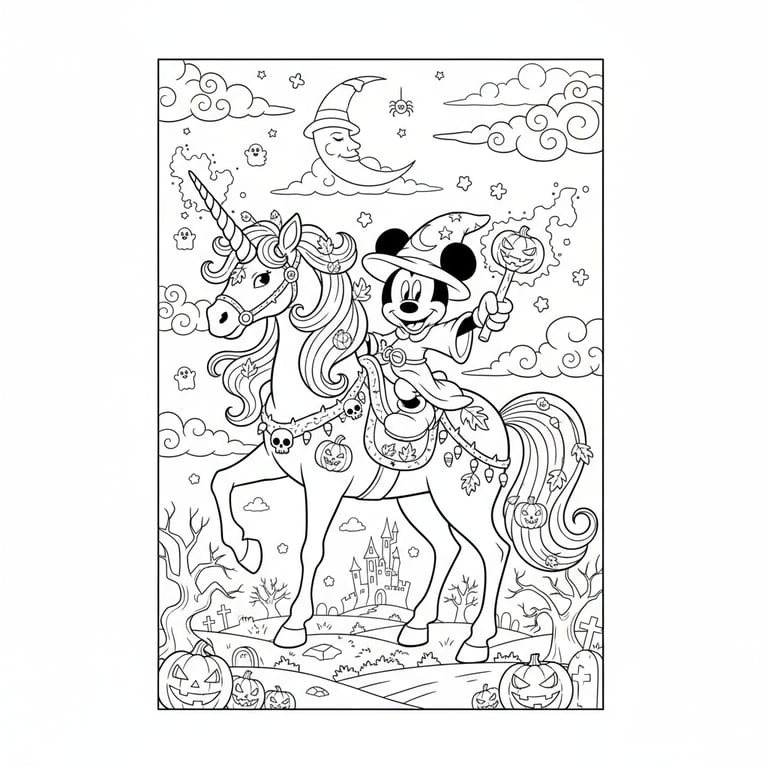 Mickey Mouse riding magical Halloween unicorn Disney coloring page