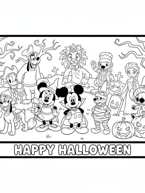 Dibujo para colorear imprimible con diez personajes de Disney en disfraces de Halloween