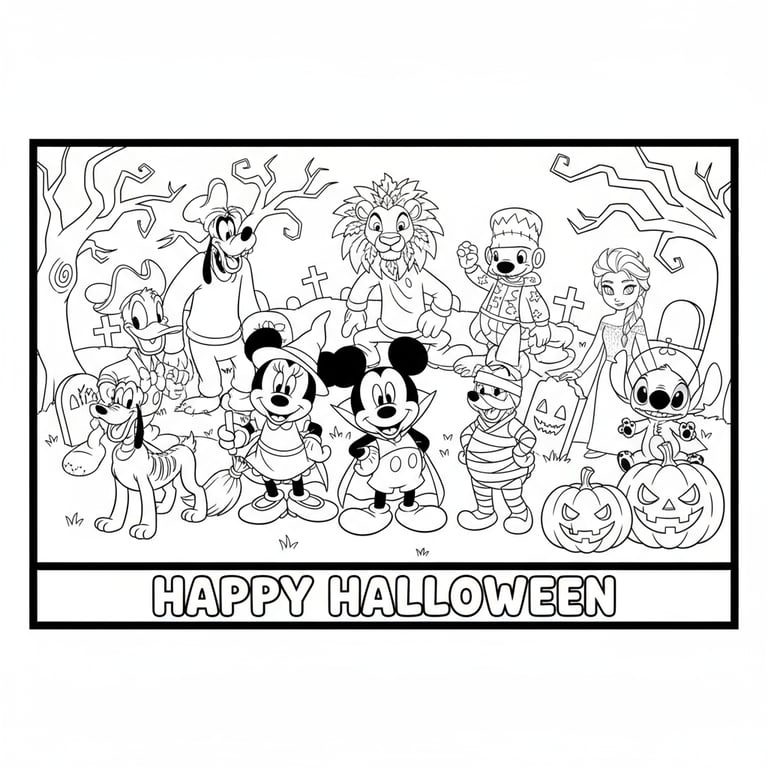 10 Disney characters in Halloween costumes on one coloring page