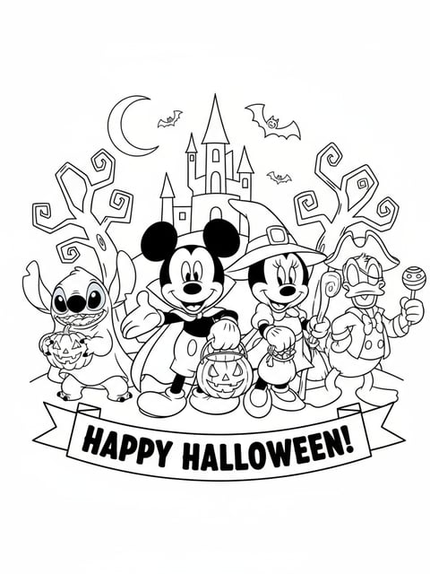 Lámina de Halloween para imprimir y colorear con Mickey, Minnie, Stitch y el Pato Donald