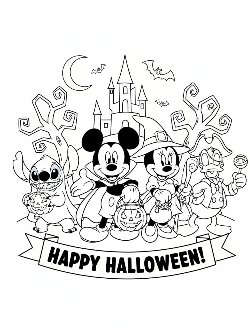 Printable Disney Halloween coloring sheet with Mickey Minnie Stitch and Donald