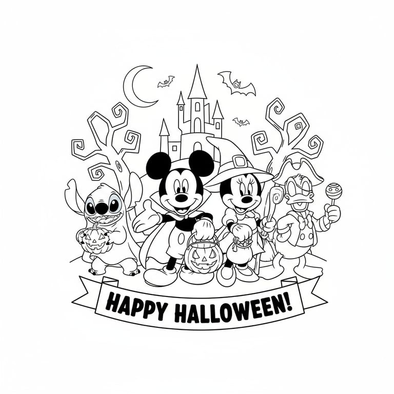 Printable Disney Halloween coloring sheet with Mickey Minnie Stitch and Donald