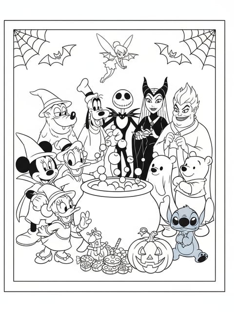 Dibujo para colorear de Halloween con personajes de Disney reunidos alrededor de un caldero burbujeante