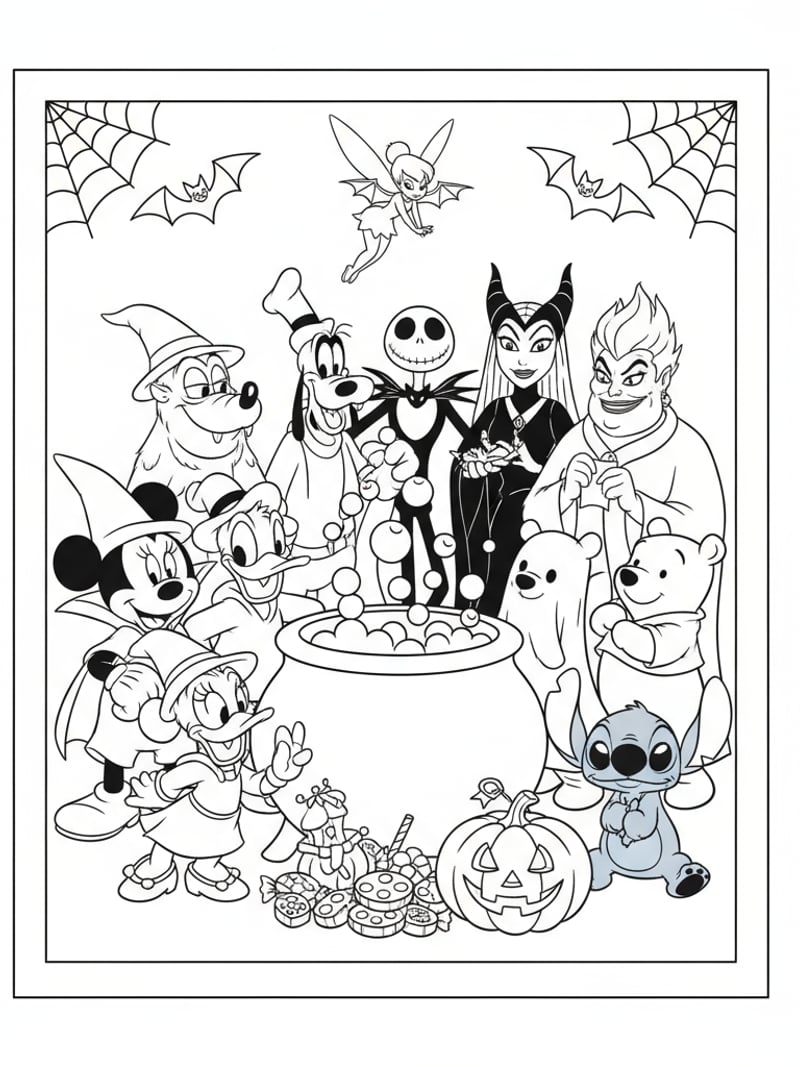 Disney Halloween coloring page with all characters around bubbling cauldron