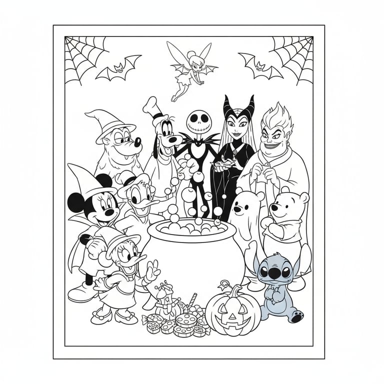 Disney Halloween coloring page with all characters around bubbling cauldron