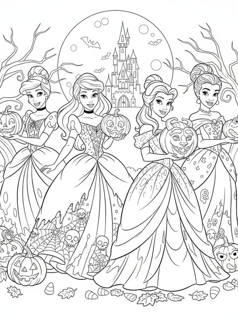 Dibujo para colorear de princesas Disney con vestidos de Halloween sosteniendo calabazas
