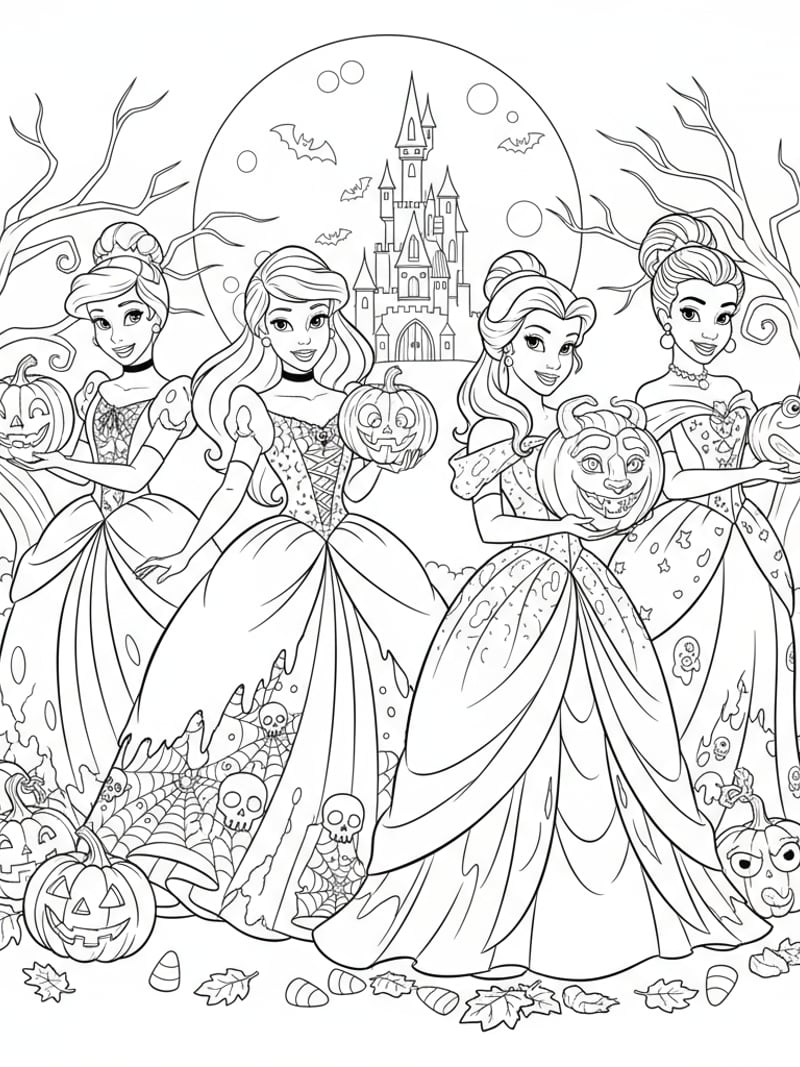 Disney princesses in Halloween dresses holding pumpkins coloring page line art