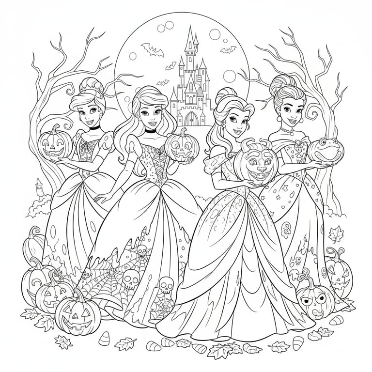 Disney princesses in Halloween dresses holding pumpkins coloring page line art
