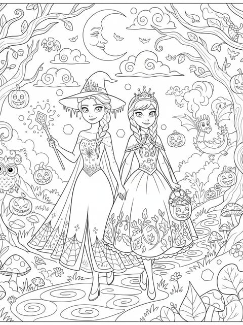 Dibujo para colorear de Elsa y Anna con trajes mágicos de Halloween en un bosque encantado
