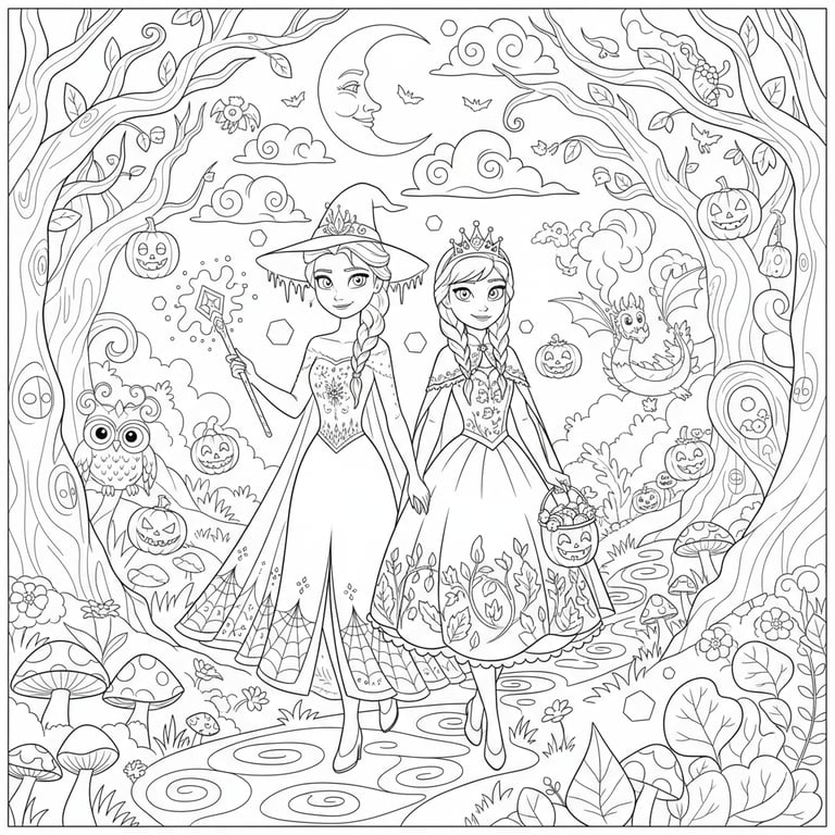 Elsa and Anna in magical Halloween outfits walking through enchanted forest Disney coloring page