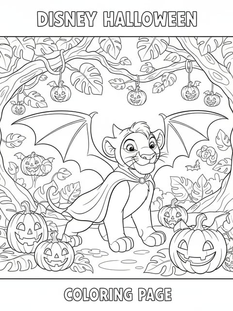 Dibujo para colorear de Simba disfrazado de murciélago entre calabazas selváticas de Halloween