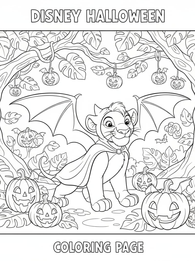 Simba dressed as bat surrounded by jungle pumpkins Disney Halloween coloring page