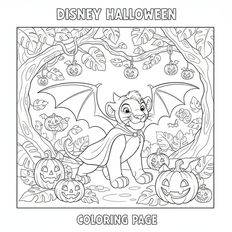 Simba dressed as bat surrounded by jungle pumpkins Disney Halloween coloring page