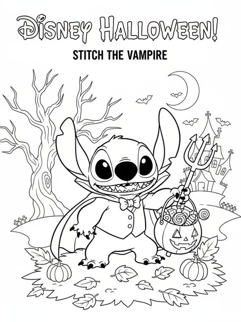 Dibujo para colorear de Stitch de Lilo y Stitch disfrazado de vampiro con cubeta de dulces