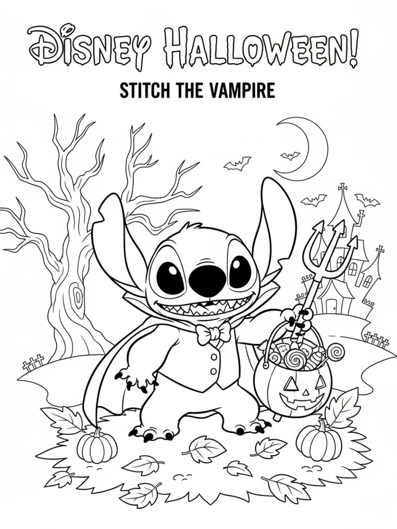 Stitch from Lilo and Stitch dressed as vampire holding candy bucket Disney Halloween coloring page