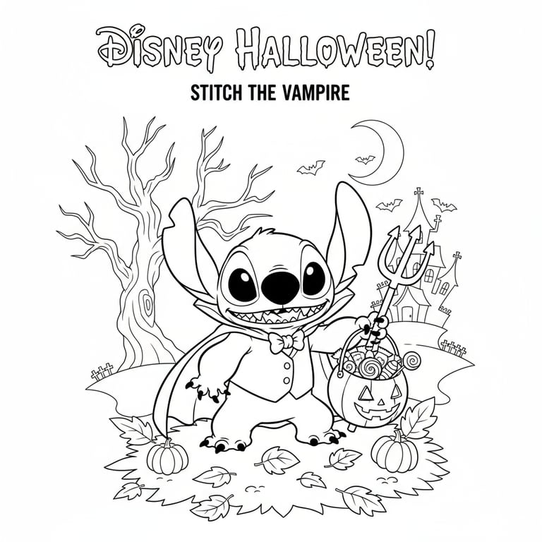 Stitch from Lilo and Stitch dressed as vampire holding candy bucket Disney Halloween coloring page